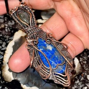 Copper Wire-Wrapped Labradorite & Lapis Lazuli Crystal Pendant 3”